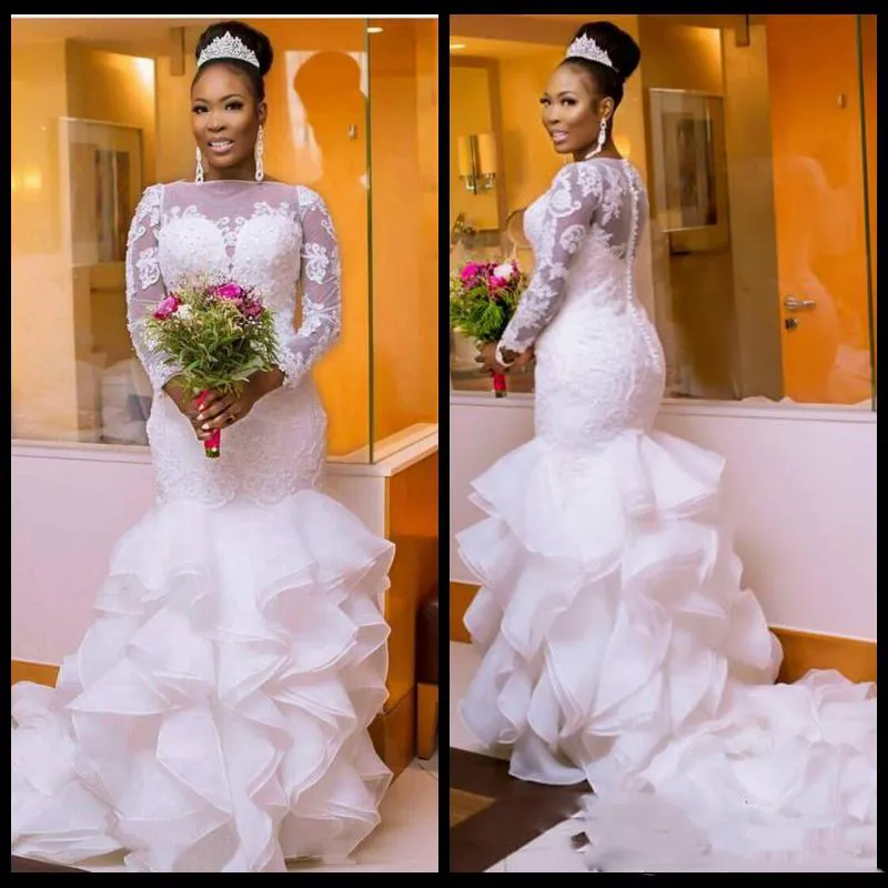 Arabisch Spitze Meerjungfrau Nigerian Brautkleider 2018 Lange Ärmel Tiered Hofzug Brautkleider Perlen Rüschen Organza Vestido De Novia