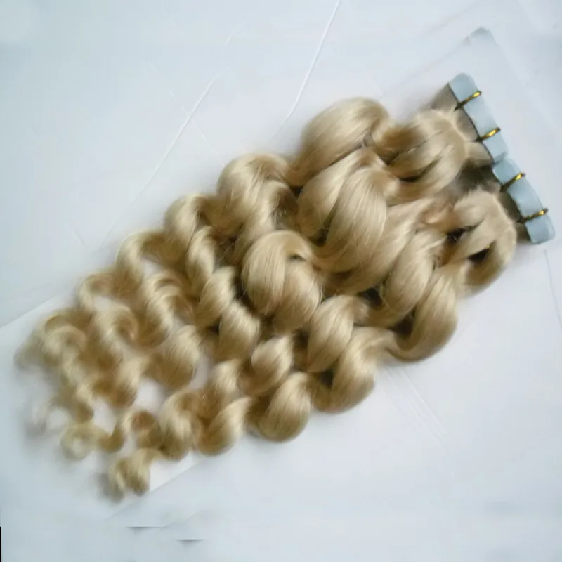 Blond Skin Weft Människohår lös våg 40st Tape In Extension Remy Hair Dubbelsidig Tejp Hår 16" 18" 20" 22" 24"