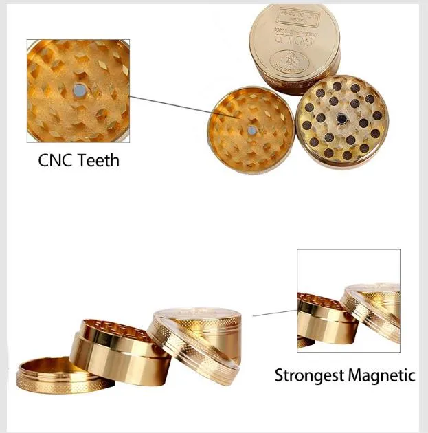 亜鉛合金ゴールド模倣3層彫刻タバコ粉砕機50mmグラインダー