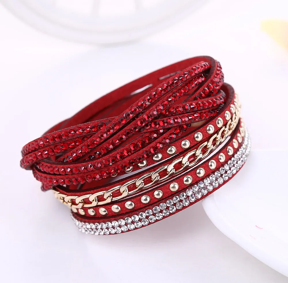 Koreanska Kvinnor Crystal Wrap Wristband MultiLayer Velvet Läder Diamant Armband Bangle Band Manschett för Girl Fashion Smycken Gift