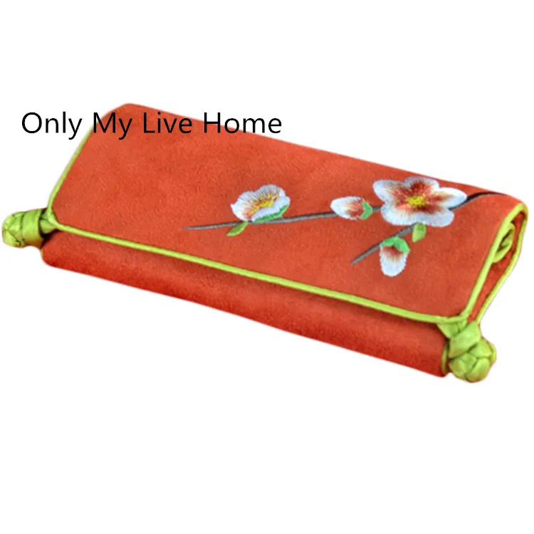 Portable Suede Leather Jewelry Roll Up Travel Bag Folding Embroidered flower Chinese Jewelry Bags Pouch 