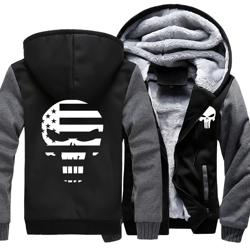 Dropshipping EUA tamanho crânio impresso hoodie para homens moletom moletom camisolas inverno engrossar casaco de jaquetas masculinas mornas