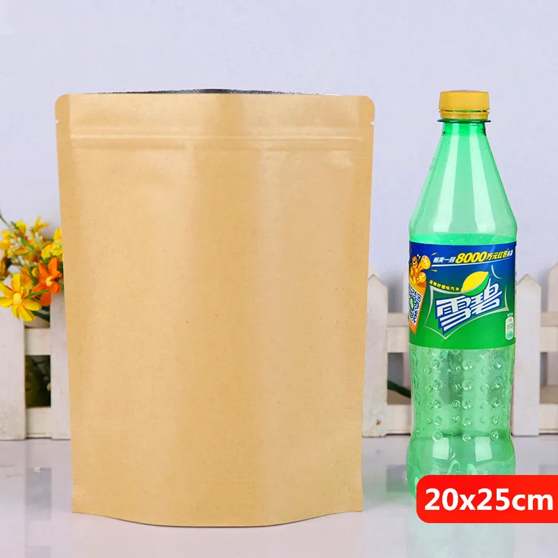 20x25cm Stativ Kraft Paper Aluminiumfolie Laminering Återanvändbar Mat Förpackning Bag Bakning Snacks Candy Tea Heat Seal Zip Lock Grip Förpackning påse