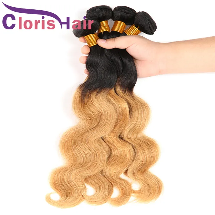 Mink Brasileira Malaio Virgem Loira Ombre Bundles 1B 27 Onda Do Corpo Do Cabelo Tece Raízes Escuras Mel Loiro Extensões de Cabelo Humano 3 pcs