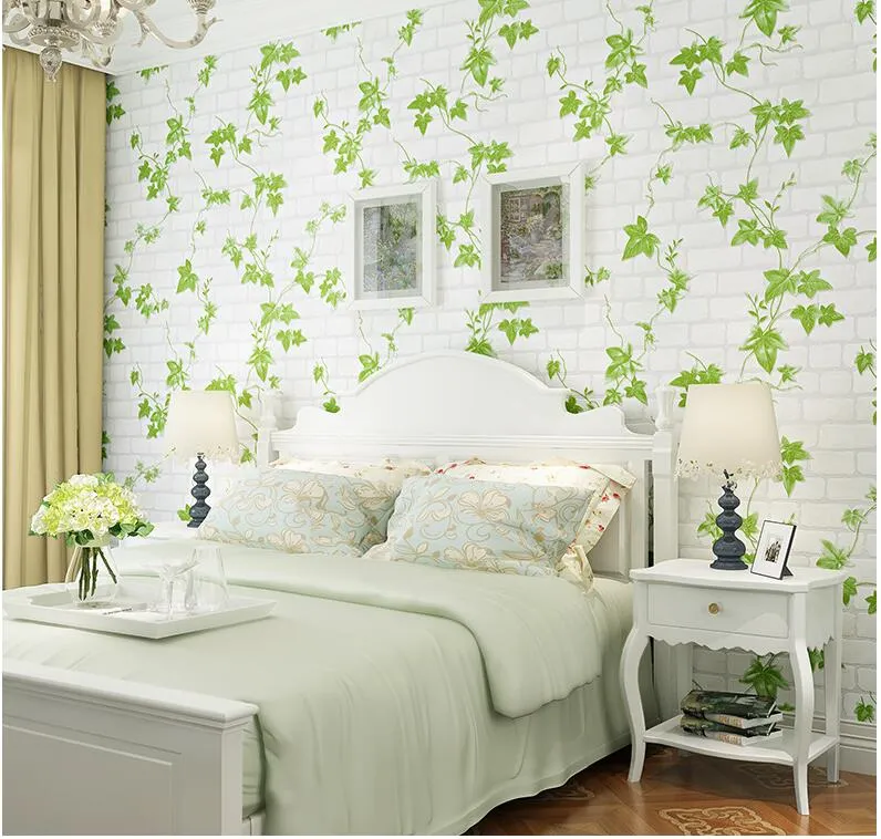 3D Brique Blanc Brique Feuille Vert Feuille d'écran non tissé pour salon Chambre à coucher Papiers muraux Decor de la maison