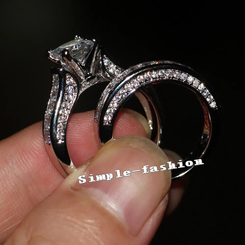 Mode-sieraden Dames Prinses Cut 7mm 5A CZ Geboortestones Ring 14kt Witgoud Gevulde Engagement Bruiloft Band Ring Set
