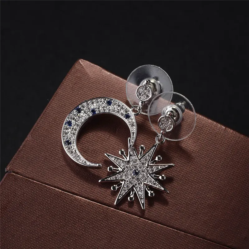 Vecalon Classic Style Sun Moon Dangle Earring 5a Cyrkon CZ Białe Złoto Wypełnione Rocznica ślubu Kolczyk dla kobiet