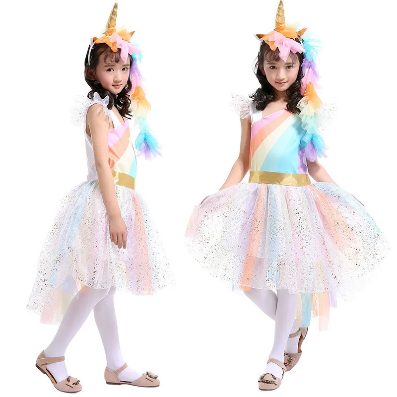 Bebek Kız Gökkuşağı Elbise Çocuk Dantel Tutu Prenses Elbiseler Ile 1 Kafa + 1 Altın Kanatları Çocuklar Cosplay Giyim C4121