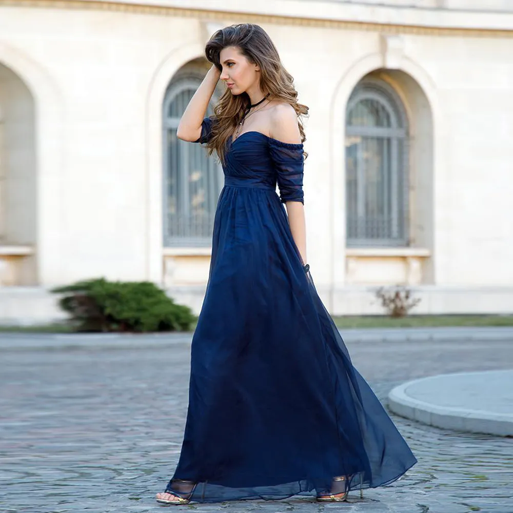 Bleu marine une ligne en mousseline de soie demoiselles d'honneur robes col en V hors de l'épaule mariage invité robe avec manches pli spécial femmes Oc225B