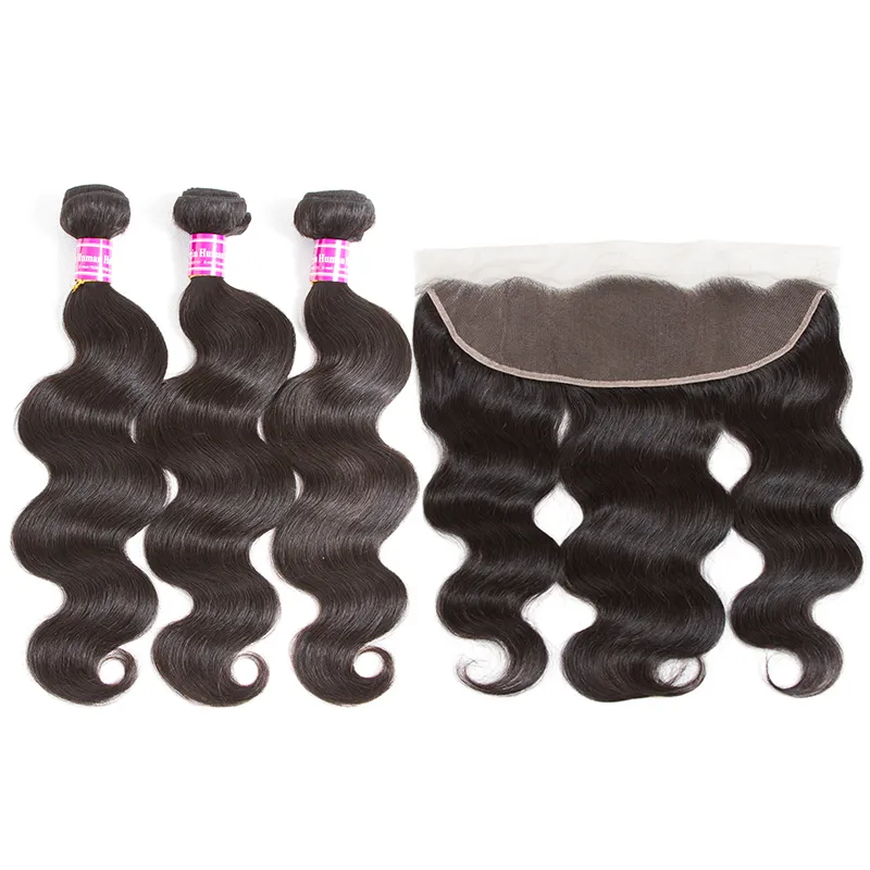 Feixes de cabelo humano brasileiro virgem com fechamento de renda frontal reto corpo profundo onda de água kinky encaracolado orelha a orelha extensões trama para mulheres negras