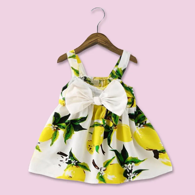2018 Ny baby spädbarn flicka klänningar mode tryck kläder ärmlös glid klänning prinsessa födelsedag tjejer klänning sommar rosa gul