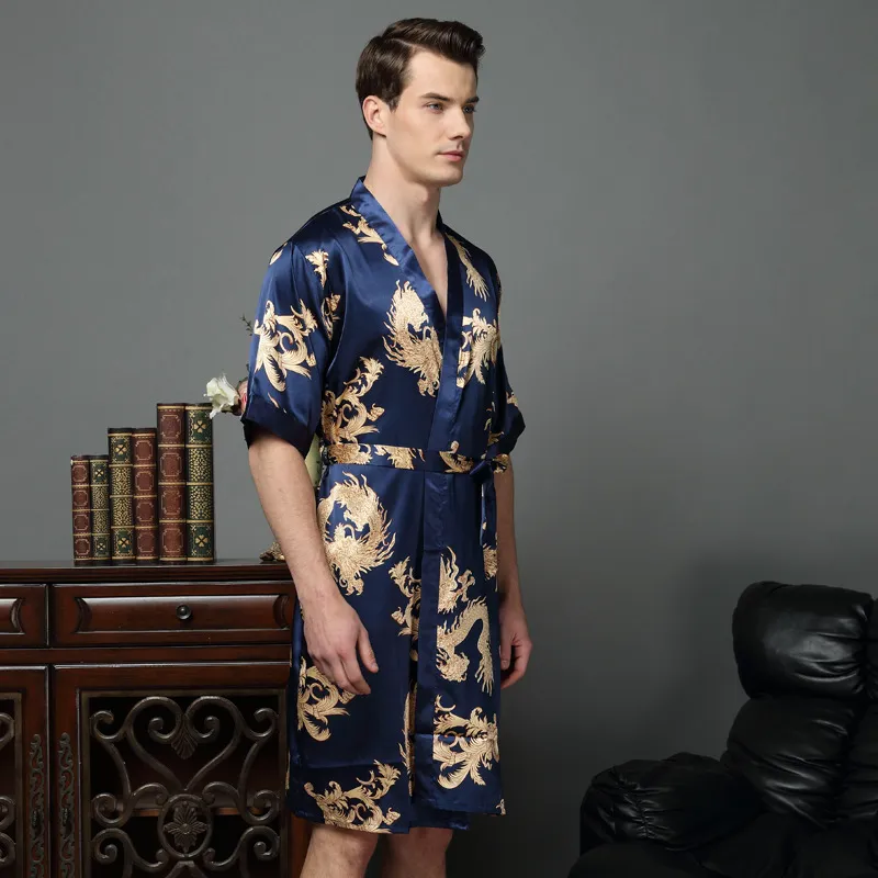 Men's Sleepwear Chinese Dragon Male Silk Dressing Gown Mens Satin Robe With Kimono Men 1283