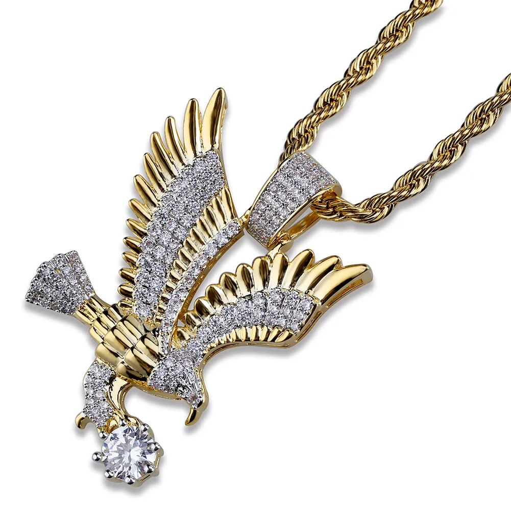 Hip Hop Goud Kleur Plated Koper Iced Out Micro verharde CZ Eagle Hanger Ketting Heren Charme Sieraden Drie stijlketens