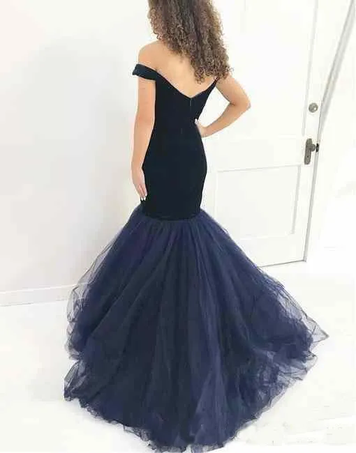 2018 robes de bal en velours bleu marine sirène charmante robes de soirée formelles hors épaule tulle spécial robe robes de soirée usure