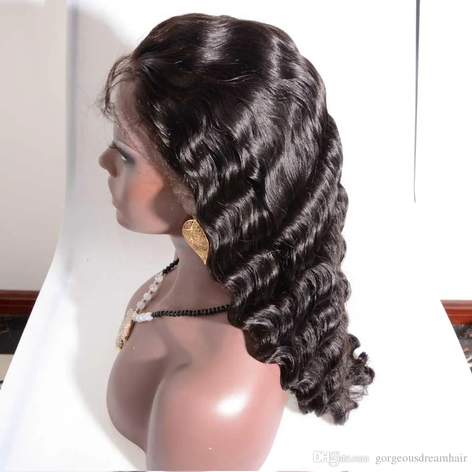 100 malaysiska peruanska brasilianska jungfruliga mänskliga hår 824 tum i lager Deep Wave Glueless Full Lace Wig Lace Front Wigs3084993