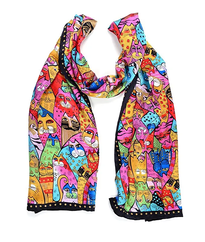 Foulard 100% en soie imprimé Animal chat pour femmes, châle enveloppant à la mode, taille 160x42cm, #2745