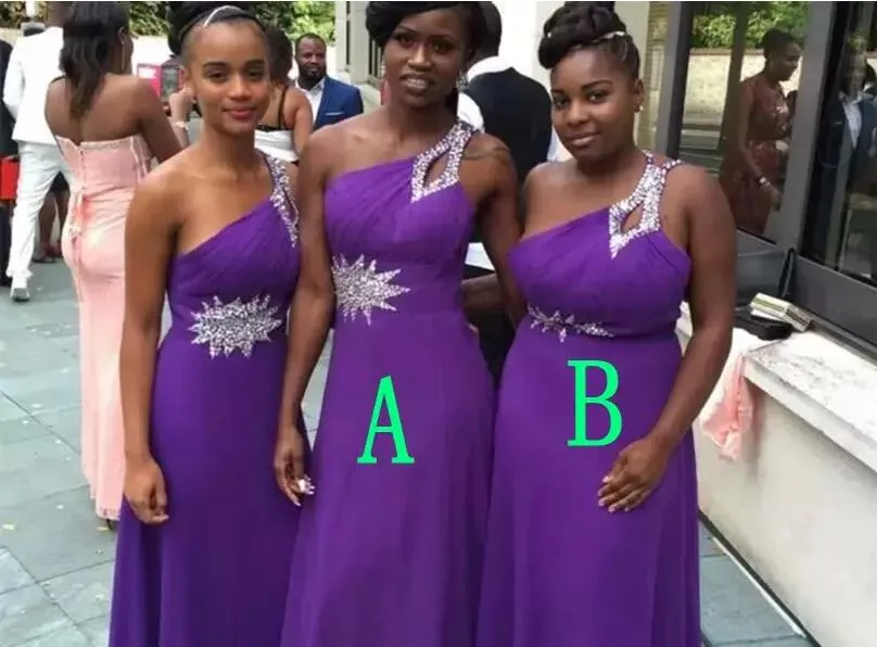 Bodas de verano sudafricanas Vestidos de damas de honor púrpuras Una línea Lentejuelas de un hombro Con cuentas Vestidos largos de dama de honor Tallas grandes