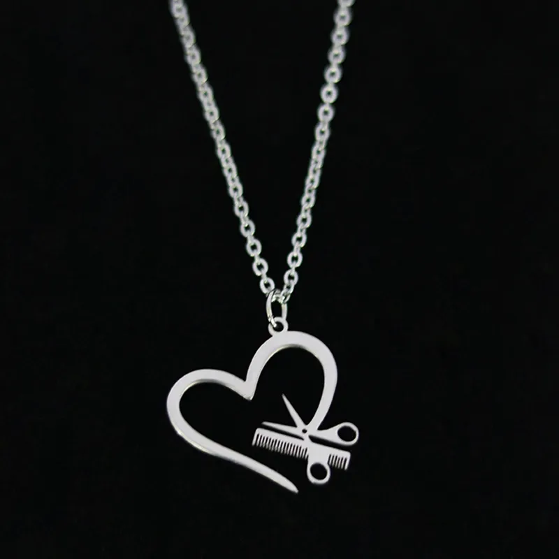 Scissors Comb Pendant Necklace Heart-shaped Stainless Steel Silver Gold Lover Link Chain For Women Gift Charm Jewelry Wholesale