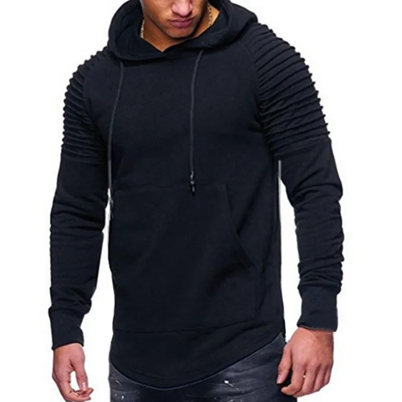 DHgate Mens Pleated Sweatshirt Long Sleeve Hip Hop Hoodie Streetwear Longline Curved Hem Hooded Sweatshirt Apparel