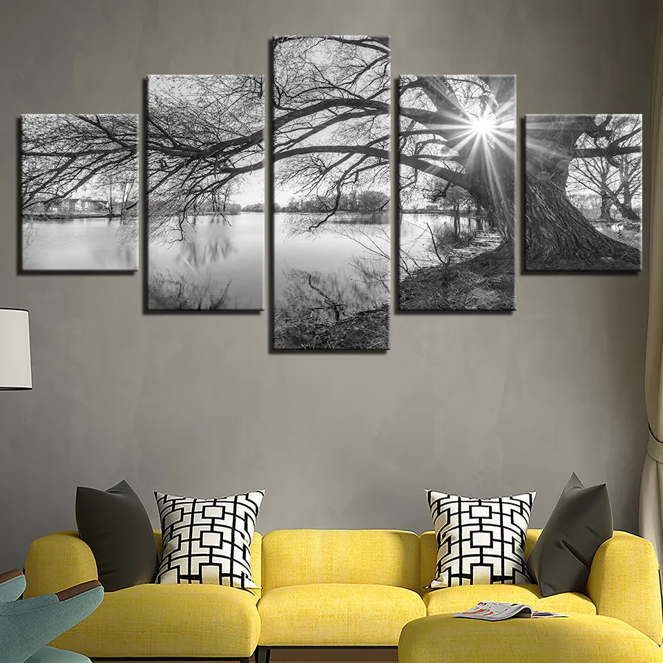 Obraz na płótnie do salonu Wall Art Plakat Framework 5 sztuk Lakeside Duże Drzewa Obrazy Czarny Biały Krajobraz Wystrój Home Decor
