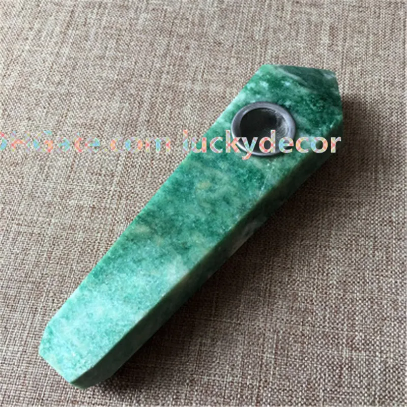 Pipes à fumer en cristal de quartz de jade en pierre naturelle précieuse + filtre en métal sculpté baguettes de tabac en pierres précieuses vertes avec trou de carburateur pour fumer