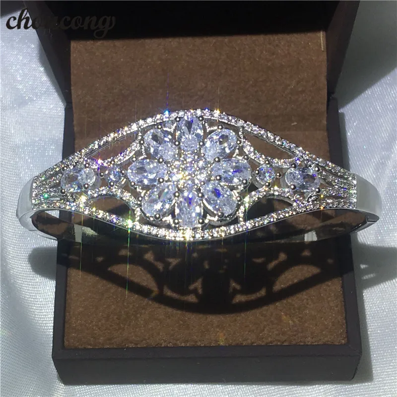 choucong Flower Design bracelet Diamond S925 Sterling Silver Engagement Wedding bangle for women Gift Fashion accessaries