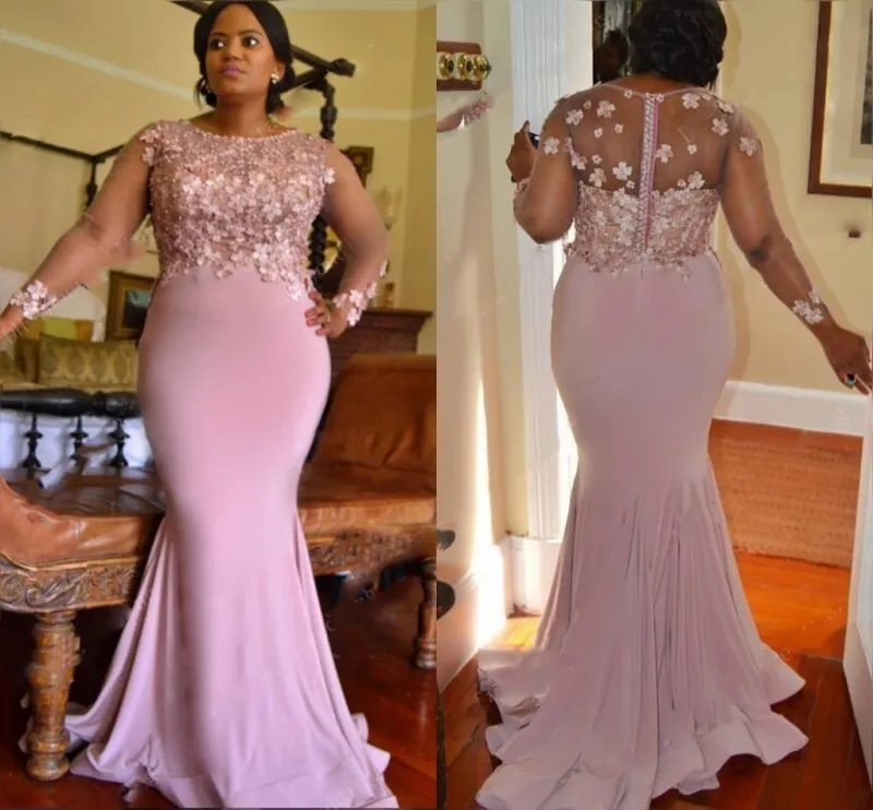 Liliowy Kolor Plus Size Druhna Sukienki do ślubnych Aplikacje Koraliki Czyste Długie Rękawy Mermaid Maid of Honor Suknie Długa Prom Party Dress