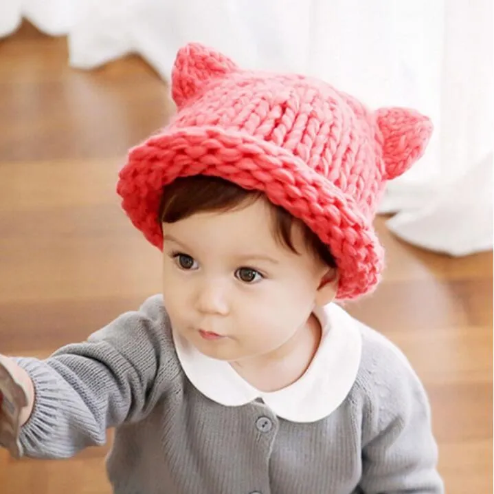 Feitas À mão De Malha Bonito Do Bebê Da Menina Menino Chapéu de Inverno Orelhas de Gato Adorável Projeto Dos Desenhos Animados Do Bebê Chapéu De Crochê Padrão Chapéu