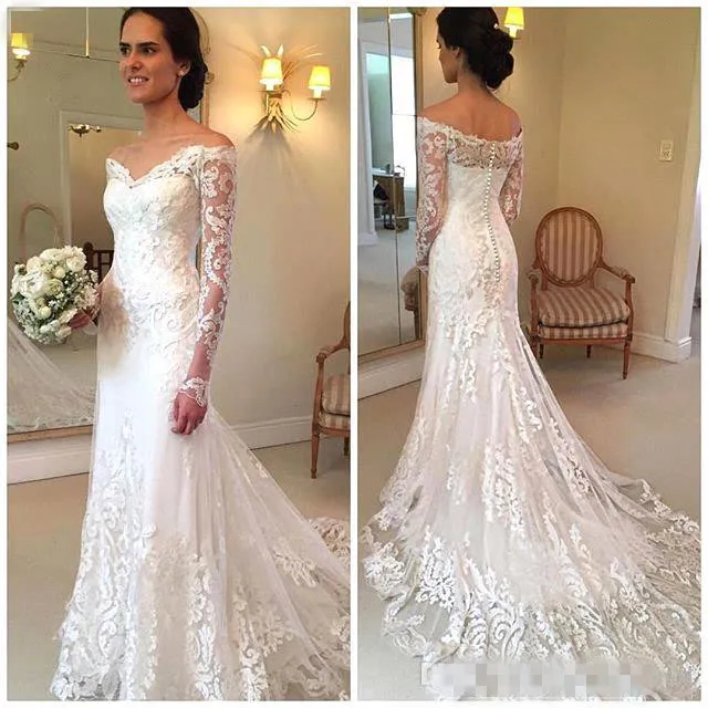 Sexig av axeln Långärmad Bröllopsklänningar Mermaid 2018 Ny Lace Appliqued Bridal Gown för Country Chapel Bröllop