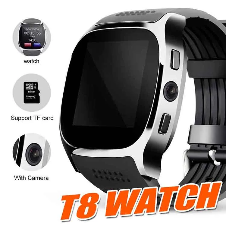 Bluetooth Smart Watch T8 f￶r Android Smartwatch Pedometer Sim TF -kort med kamera Sync Call Message PK DZ09 Q18 ID115 Plus