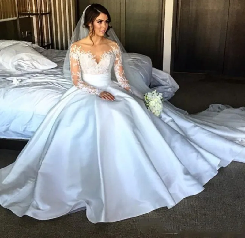 Novos Vestidos de Noiva Steven Khalil Renda Dividida Com Saia Destacável Decote Transparente Mangas Compridas Bainha Sobressaia Fenda Alta Vestido de Noiva205B