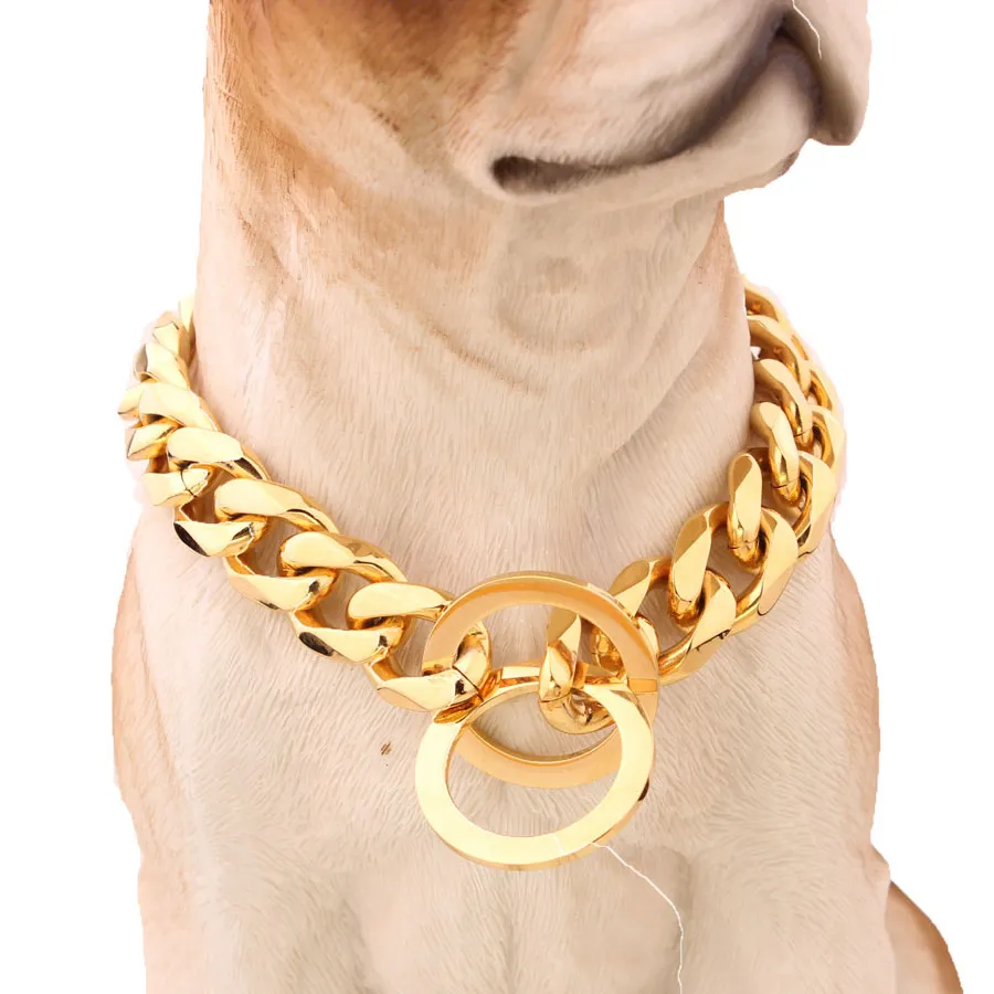 Hot sell 15mm 12-34 inch Gold Tone Double Curb Cuban Rombo Link Stainless Steel Dog Chain Necklace Collar Wholesale DropShipping