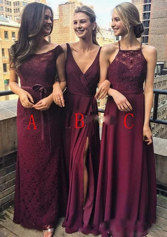 2018 Barato Dama de Honra Vestidos Para Casamentos Sexy Borgonha Laço Frisada Caixilhos Lado Dividir V Neck Chiffon Fora Do Ombro Longo Vestidos de Dama de Honra