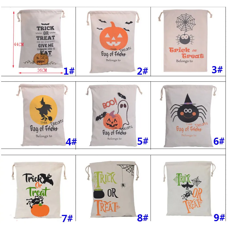 Halloween Pumpkin Bags Canvas Trekkoord Kerstcadeau Wrap Trucs Tricks Or Treated Printed Festival Party Decor 9 Designs HH7-1294