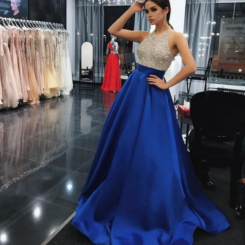 Charming Royal Blue Prom Dress Sexy Crystal Beaded Sequins Top Sleeveless Prom Dresses Glamorous Dubai Celebrity Long Evening Dress