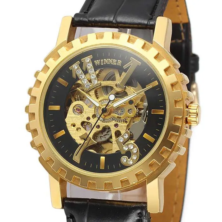 VINCITORE FASHION AUTO MECCANICA MENS OGGIORI Top Brand Brand Golden Skeleton Dial Numero Crystal Index Business Orologio da polso 202839