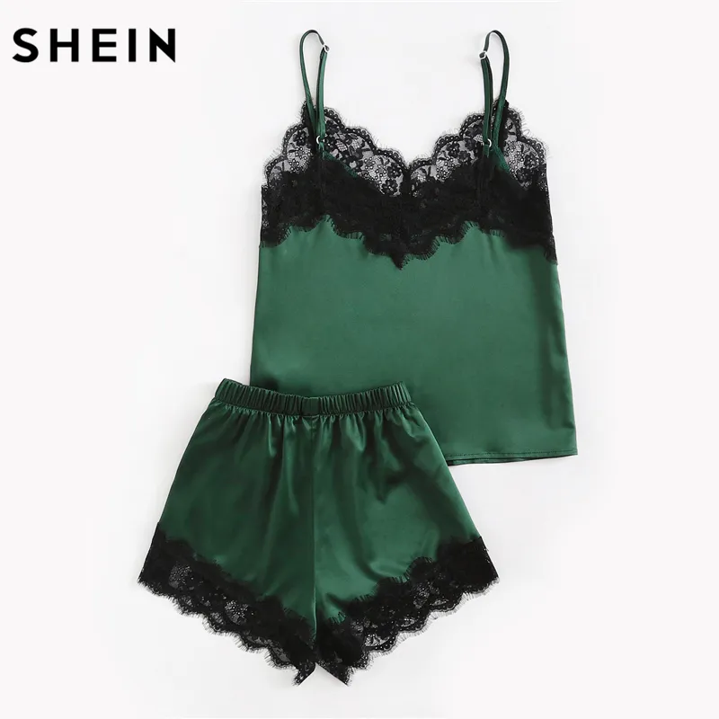 SHEIN Conjuntos De Pijamas Mujeres Ropa De Dormir Verde Militar Correa De Espagueti Cuello En V Adorno De Encaje Cami Y Pantalones Cortos De Satén De De 28,31 € | DHgate