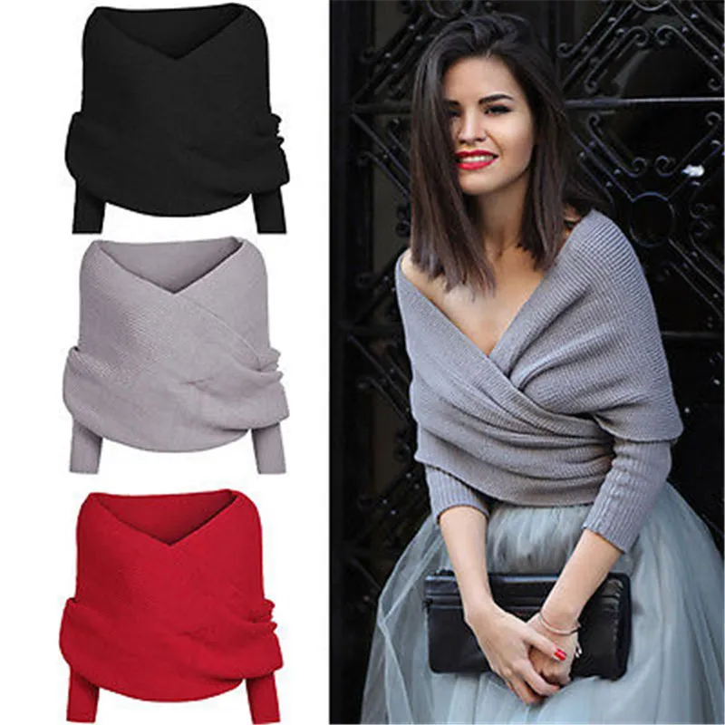 Kobiety Sweter Jesień Zima Ciepły Sexy V Neck Wrap Chunky Dzianiny Swetry Off Ramię Z Długim Rękawem Kobiet Luźne Oversize Scarf