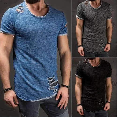 Ripped Men Slim Fit Muscle O-Neck Distressed Tee Hole New Hot topy koszula na co dzień z krótkim rękawem postrzępione koszulki Plus rozmiar 4XL