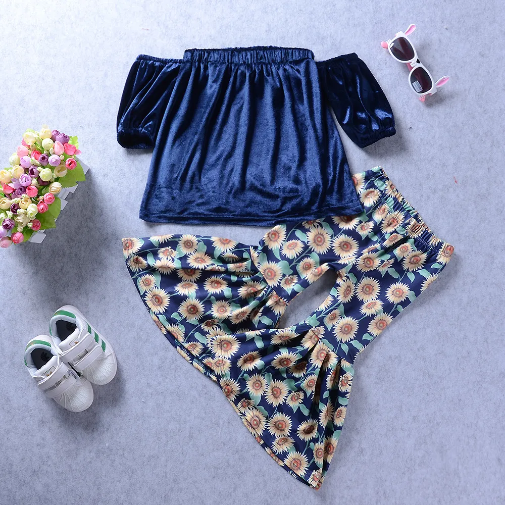 2018 Yeni Yürümeye Başlayan Giysi Çocuk Giyim Bebek Kız Kıyafetler Kadife Kapalı omuz Tops Ayçiçeği Baskılı Gevşek Pantolon 2 Adet Kız Giysileri Set