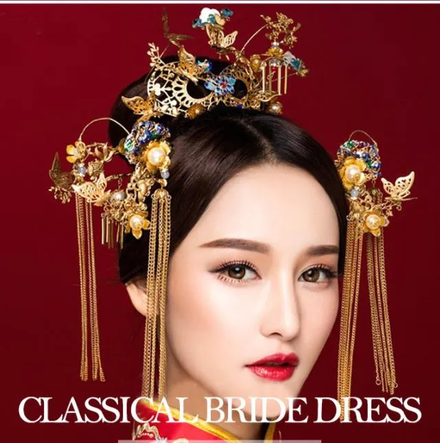 Bruids kostuum, hoofdtooi set, klassieke Chinese make-up, haarspeld, bruiloftshow, grill, draak, phoenix en jurk.