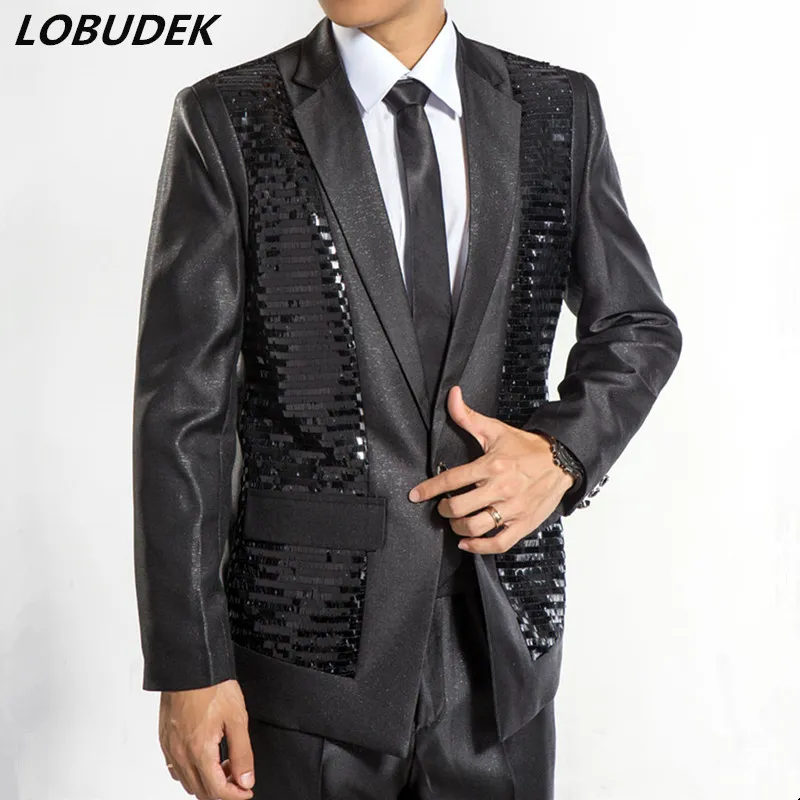 Black White Sequins Men's Suits Fashion Slim Blazers Pants Set Prom Wedding Clothing Male Host Singer Performance Costume Studio Full Dress