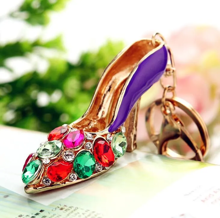 Exquisite key ring with crystal high heeled shoes metal key chain hollow out key ring handbag accessories car pendant gift