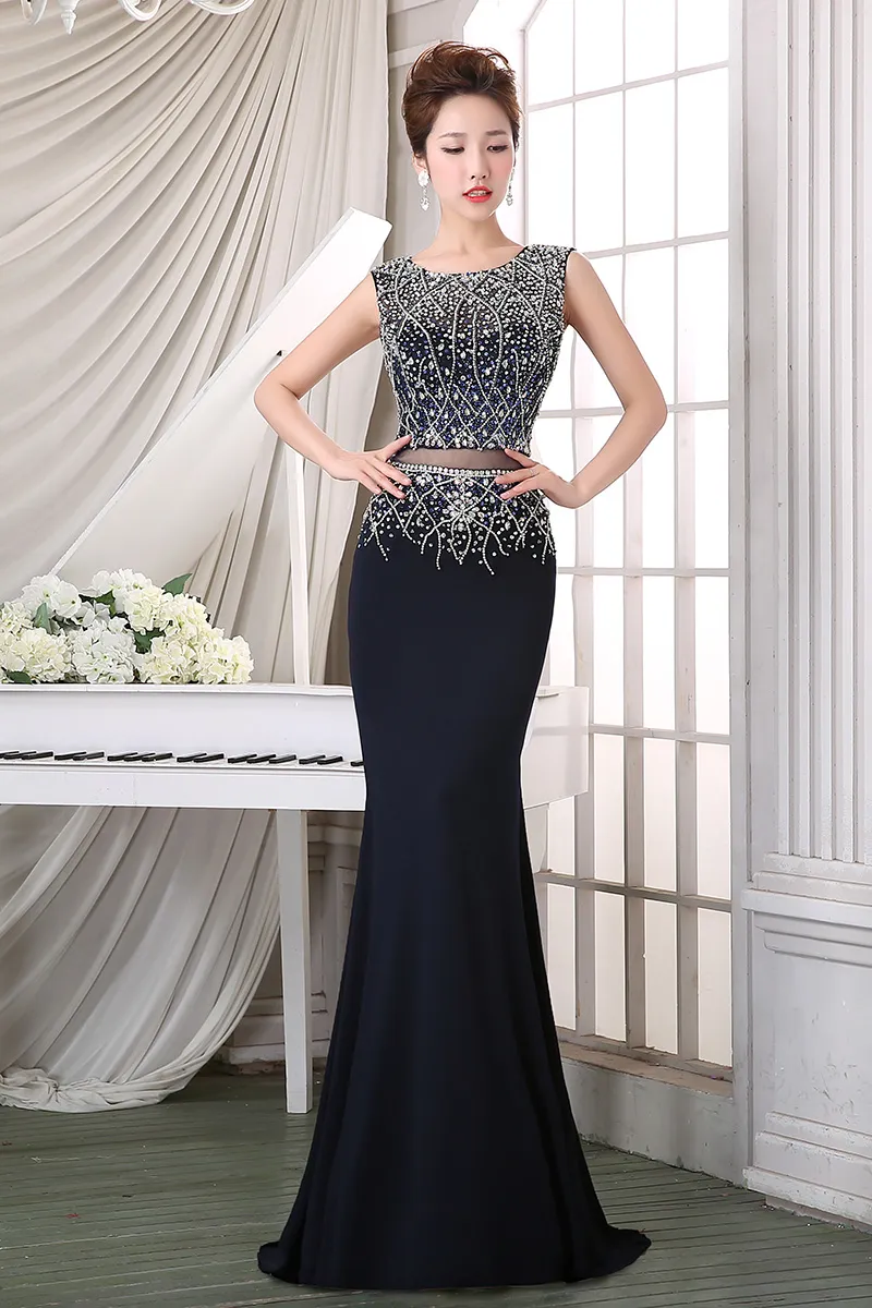 Custom Navy Blue Prom Dress 2024 Sequin Beaded Fishtail Evening Gown