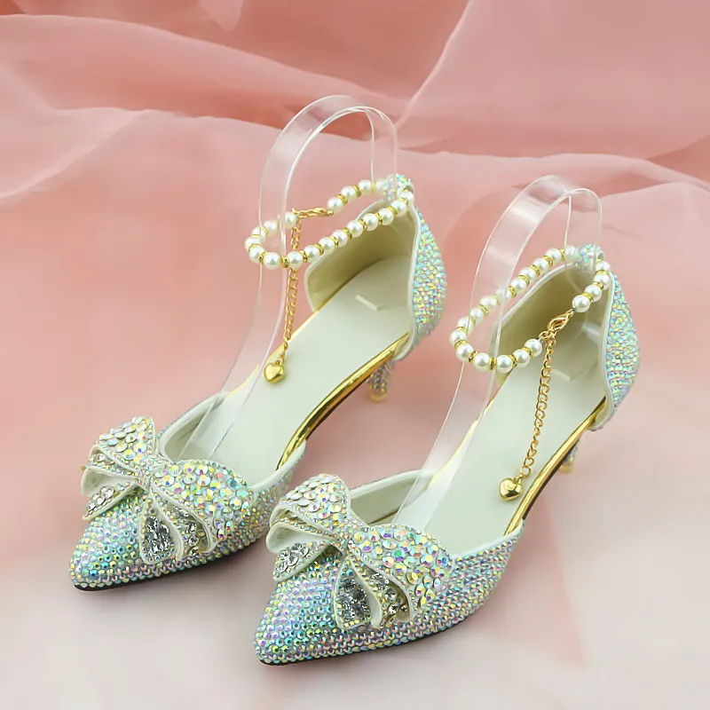 Fashion Rhinestone Wedding Shoes for Bridal Crystal Bow 6cm Heels Women Pumps Prom Party Evening Shoes Cheap Pointed Toe