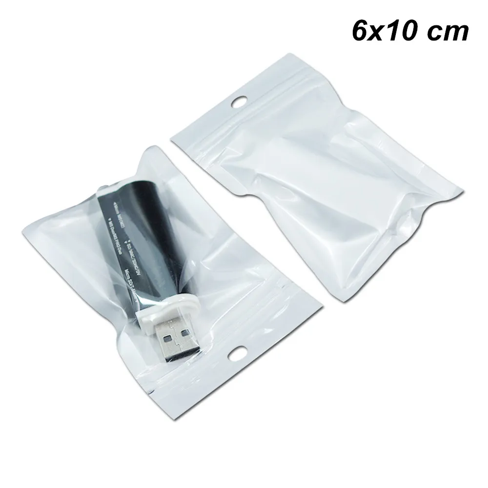 6x10 cm 200 stycken Rensa / vita återställbara USB-kabelförvaringspåsar Zipper Smycken Göra leveranser Arrangörer Hållare med Hang Hole Polybag