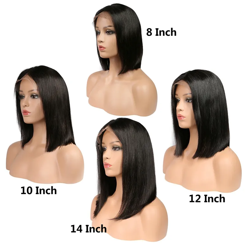 Volle kanten menselijk haarpruiken voor vrouwen natuurlijk zwart 130% dichtheid peruaans remy haar zijdeachtige rechte korte bob kan