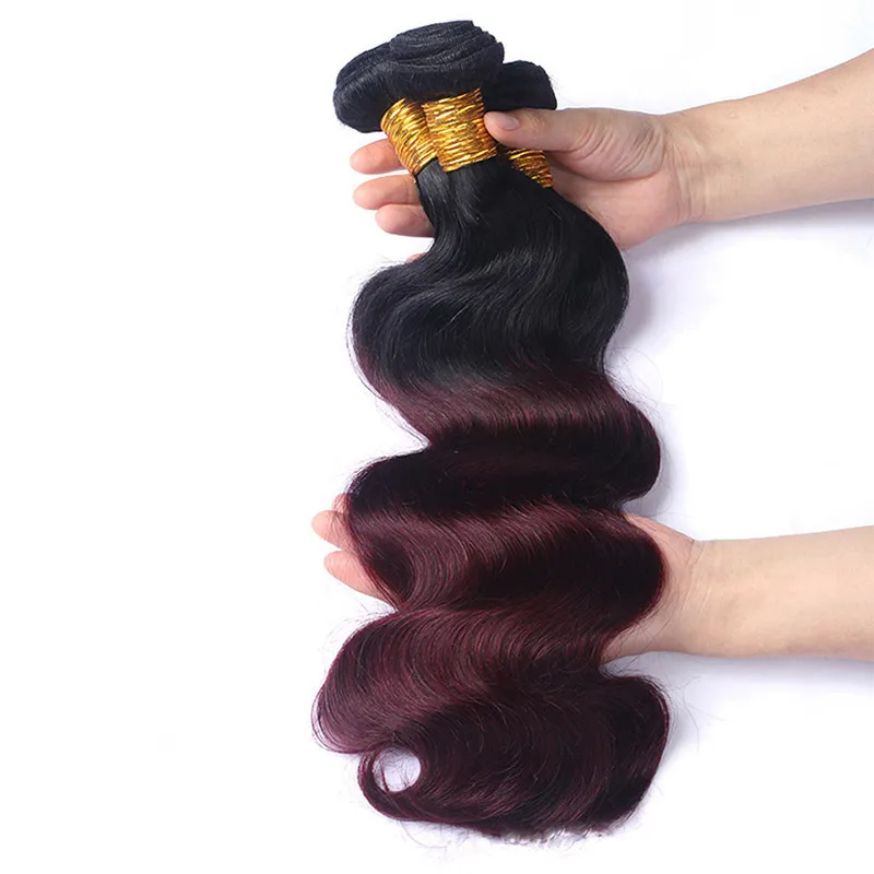 Vente d'articles Ombre cheveux colorés rouge foncé 4 paquets vague de corps 1B99J brésilien vierge armure de cheveux humains paquets colorés Extens6002375