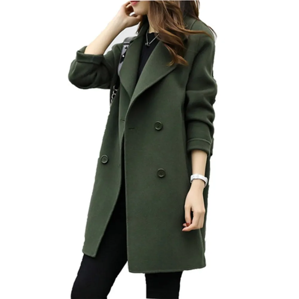 2019 Female Double-breasted Overcoat Long Sleeve woolen Coats Turn-down Collar Slim Fit Women Army Green Spring Windproof Warm Jacket