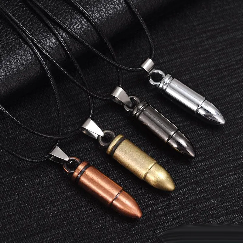 Men Titanium Steel Necklaces Bullet Pendant Leather Chain Necklace Women Jewelry